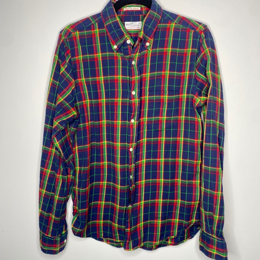 Gant Rugger Mens Windblown Flannel Plaid Button Down Shirt Navy Green Red Size M